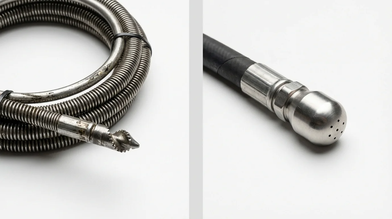 Drain snake cable and hydro jetting nozzle used for drain cleaning in Brownstown, IN