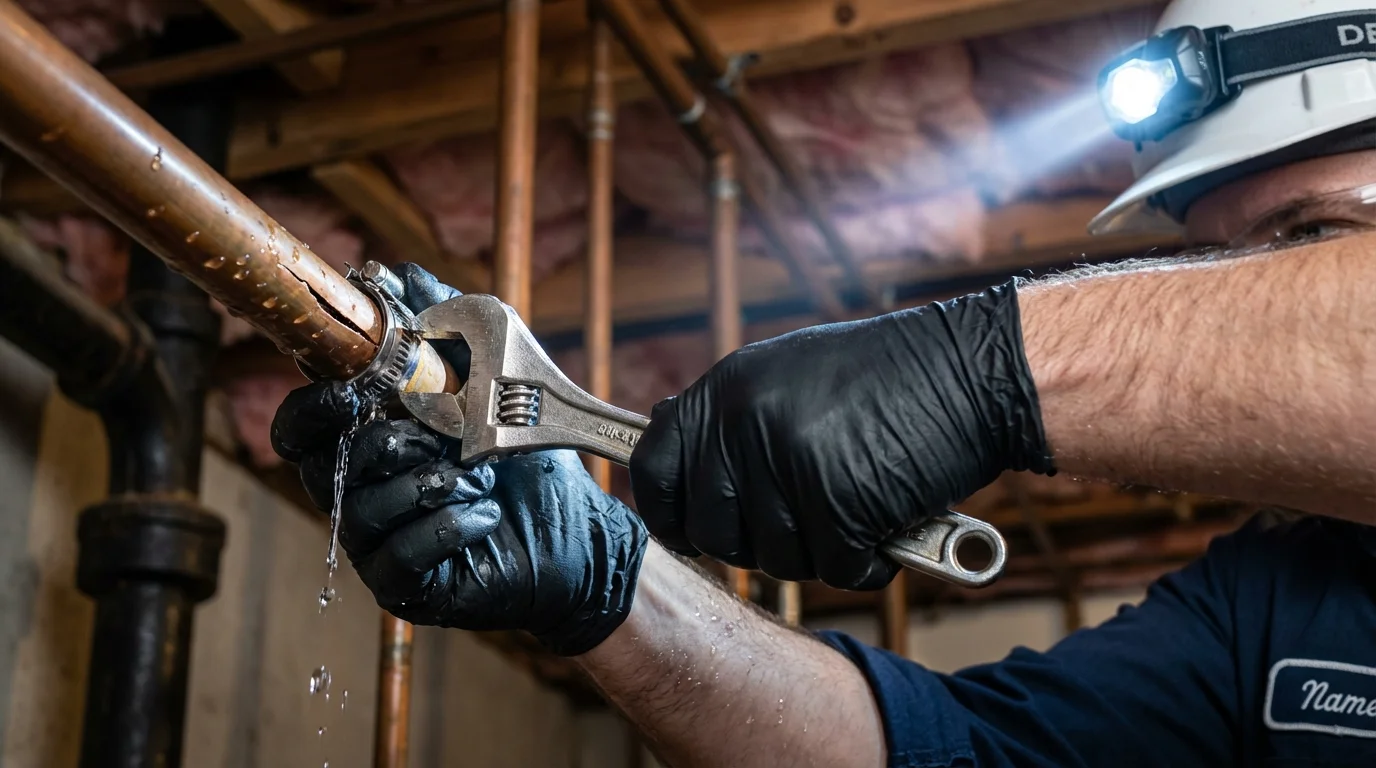 Emergency pipe clamp repair being performed by a Johns Plumbing LLC plumber in Brownstown