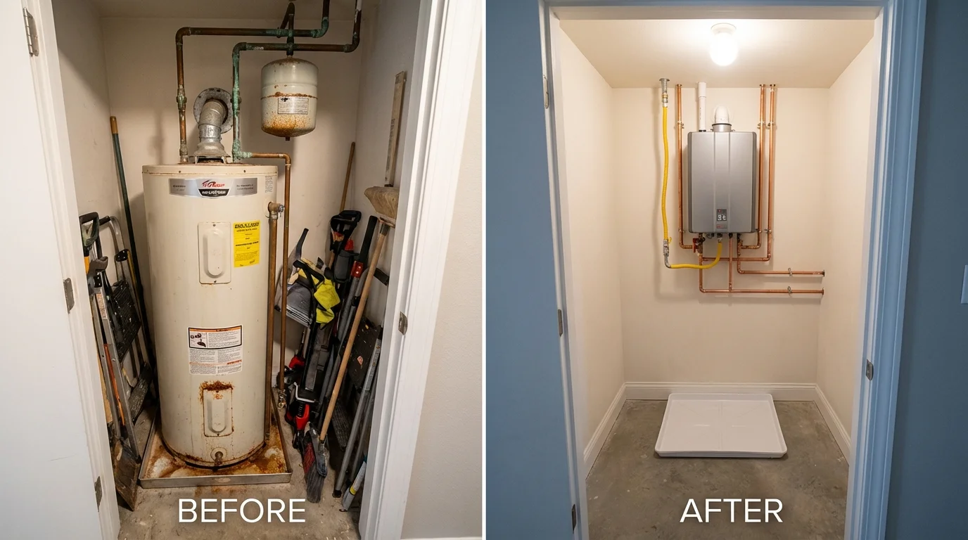 Tank water heater versus wall-mounted tankless unit comparison for Brownstown, IN homeowners