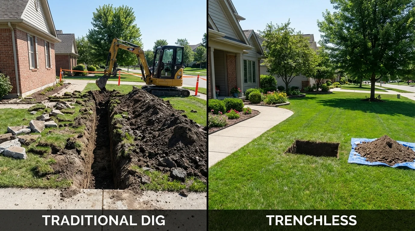 Trenchless sewer repair with minimal yard damage versus traditional excavation in Brownstown, IN